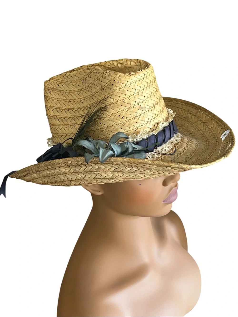 Embellished Straw Cowboy Hat Rustic Pinched Front Upturned Brim